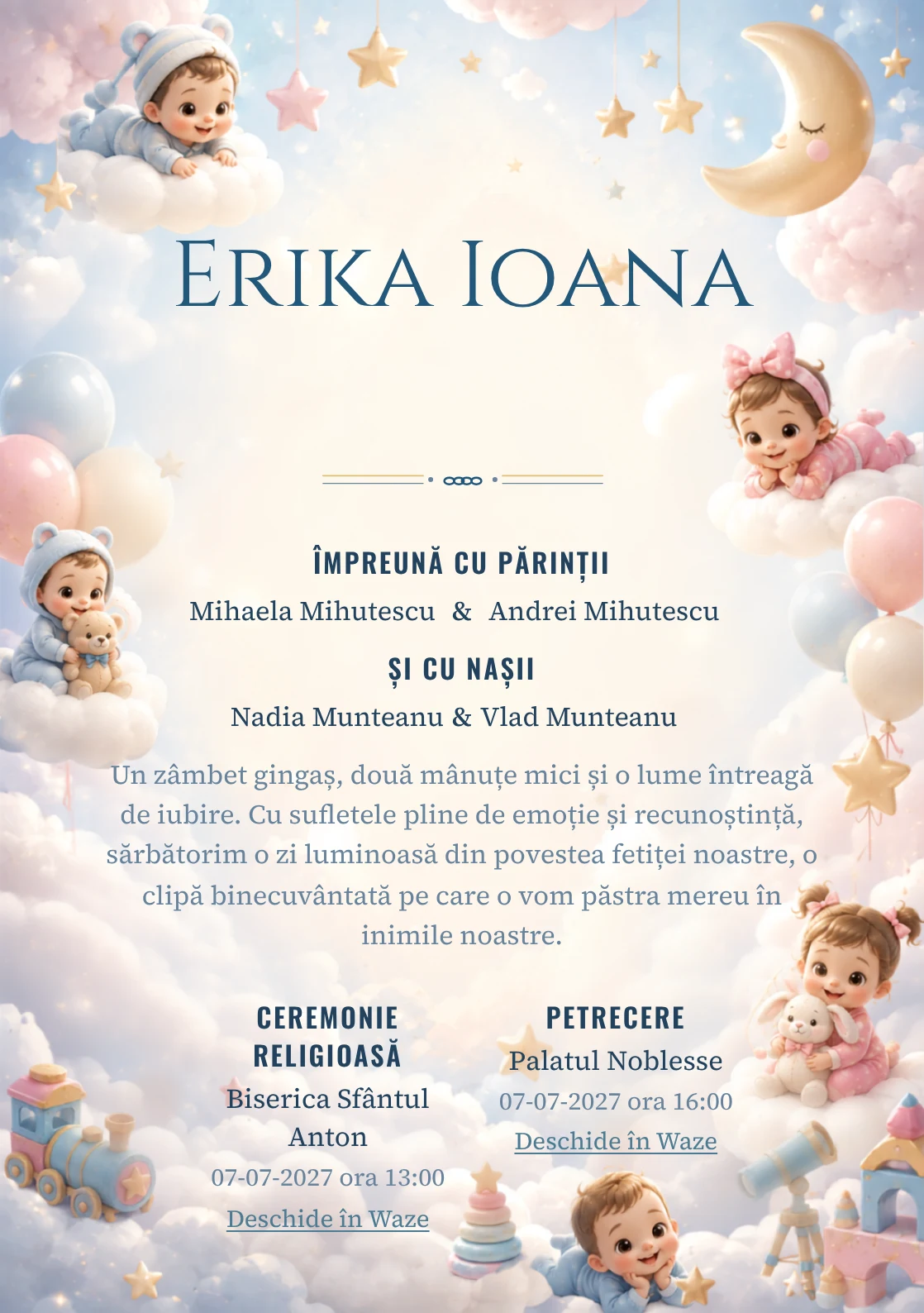 Nori Disney Baby, din gama de invitații botez, evidențiază un grup de personaje Disney Baby pe nori, alături de steluțe, lunete de jucărie și baloane pal.
