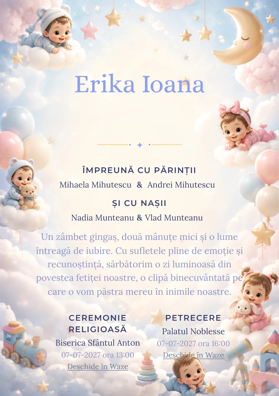 Nori Disney Baby, din gama de invitații botez, evidențiază un grup de personaje Disney Baby pe nori, alături de steluțe, lunete de jucărie și baloane pal.
