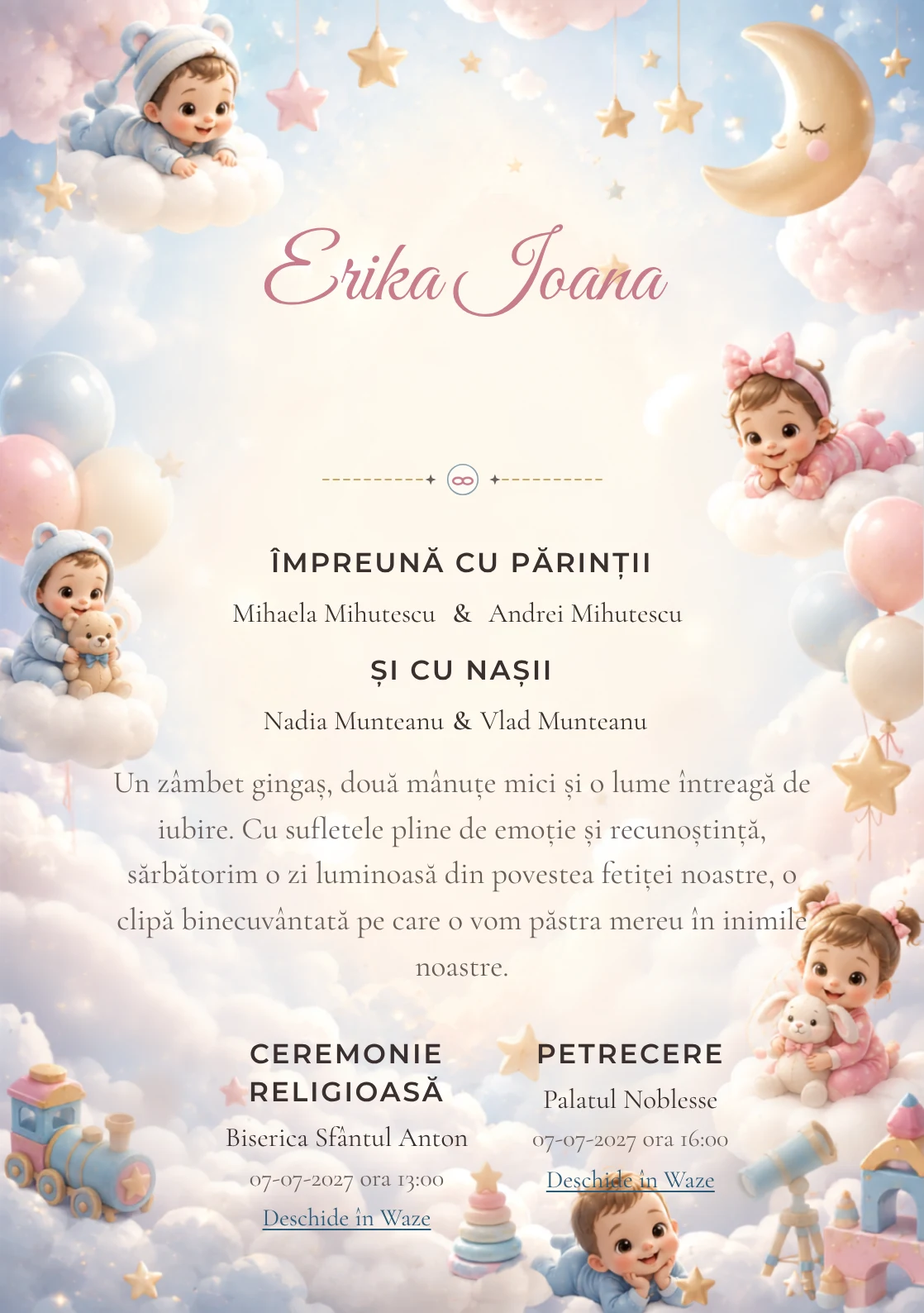 Nori Disney Baby, din gama de invitații botez, evidențiază un grup de personaje Disney Baby pe nori, alături de steluțe, lunete de jucărie și baloane pal.