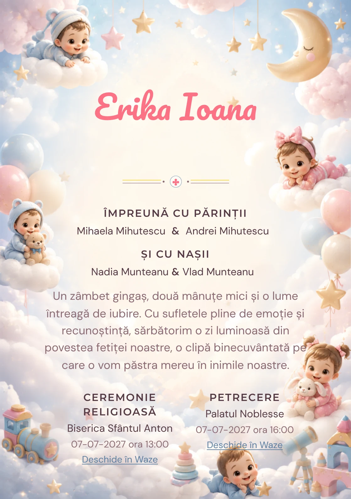 Nori Disney Baby, din gama de invitații botez, evidențiază un grup de personaje Disney Baby pe nori, alături de steluțe, lunete de jucărie și baloane pal.