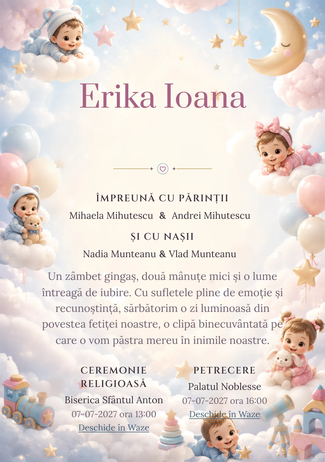 Nori Disney Baby, din gama de invitații botez, evidențiază un grup de personaje Disney Baby pe nori, alături de steluțe, lunete de jucărie și baloane pal.