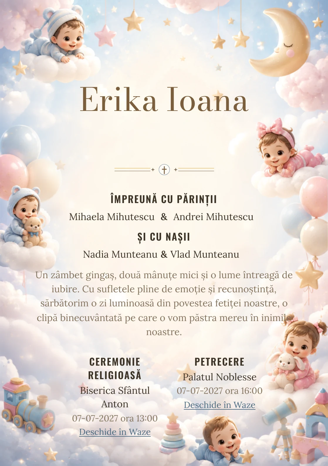 Nori Disney Baby, din gama de invitații botez, evidențiază un grup de personaje Disney Baby pe nori, alături de steluțe, lunete de jucărie și baloane pal.