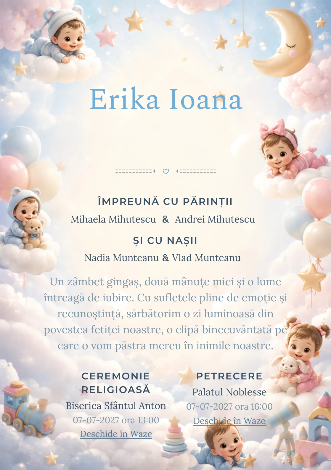 Nori Disney Baby, din gama de invitații botez, evidențiază un grup de personaje Disney Baby pe nori, alături de steluțe, lunete de jucărie și baloane pal.