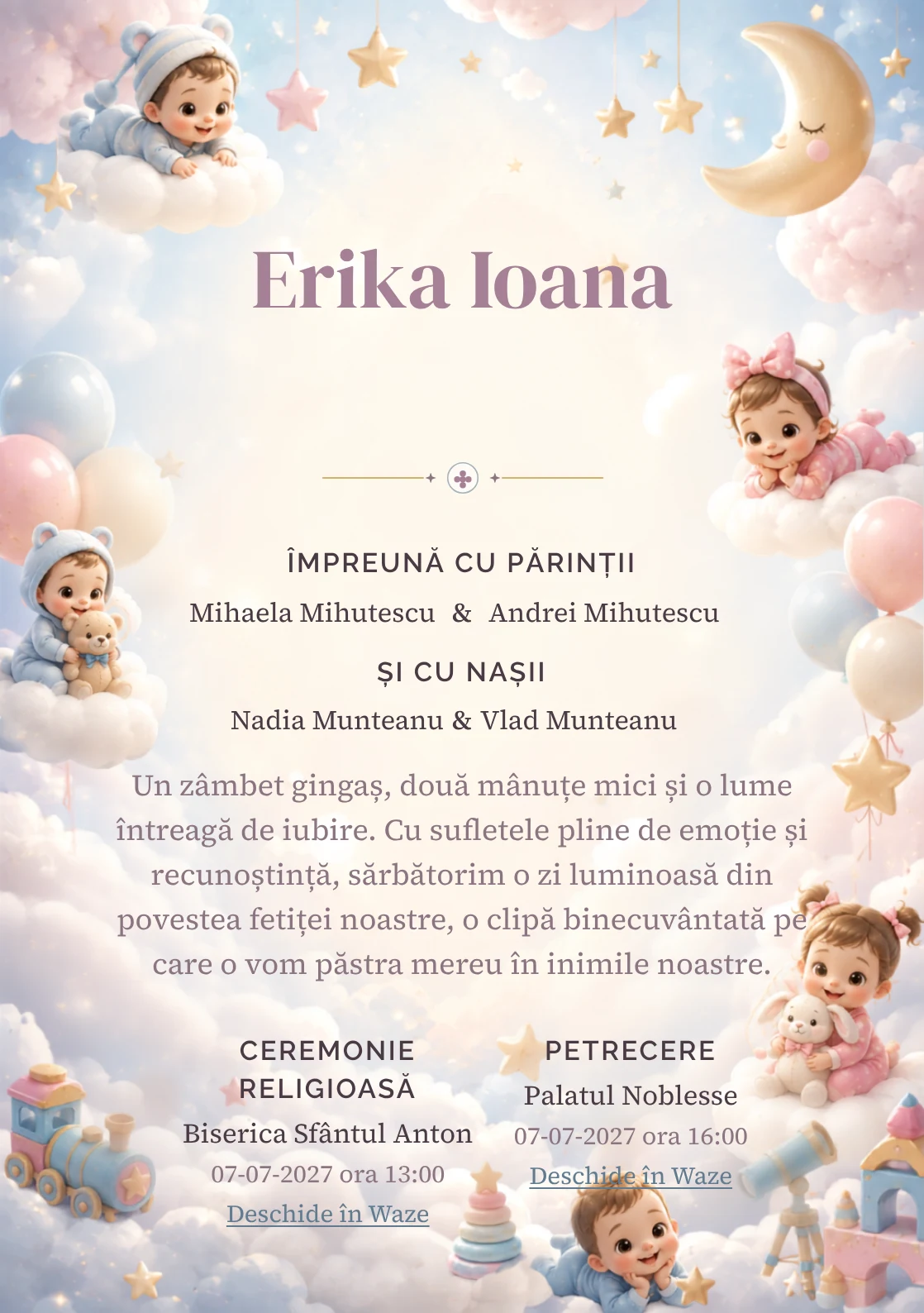 Nori Disney Baby, din gama de invitații botez, evidențiază un grup de personaje Disney Baby pe nori, alături de steluțe, lunete de jucărie și baloane pal.