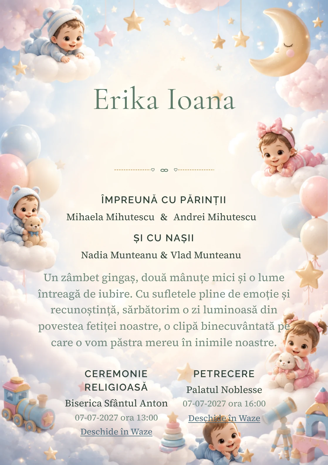 Nori Disney Baby, din gama de invitații botez, evidențiază un grup de personaje Disney Baby pe nori, alături de steluțe, lunete de jucărie și baloane pal.