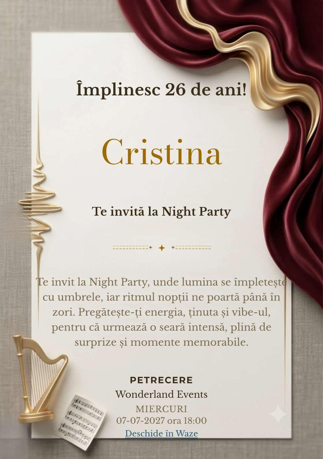 Pentru aniversarea adulților, modelul Opera Abstractă propune o invitație digitală cu o cortină sculpturală și o undă aurie și nuanțe de burgundy estompat și auriu mat.