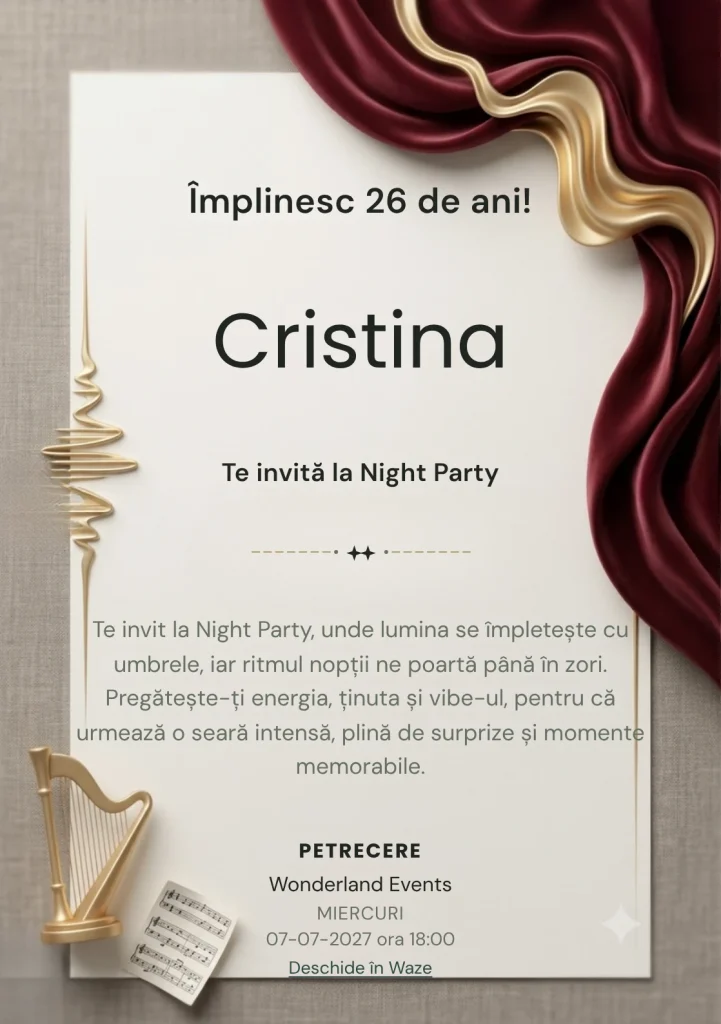 Pentru aniversarea adulților, modelul Opera Abstractă propune o invitație digitală cu o cortină sculpturală și o undă aurie și nuanțe de burgundy estompat și auriu mat.