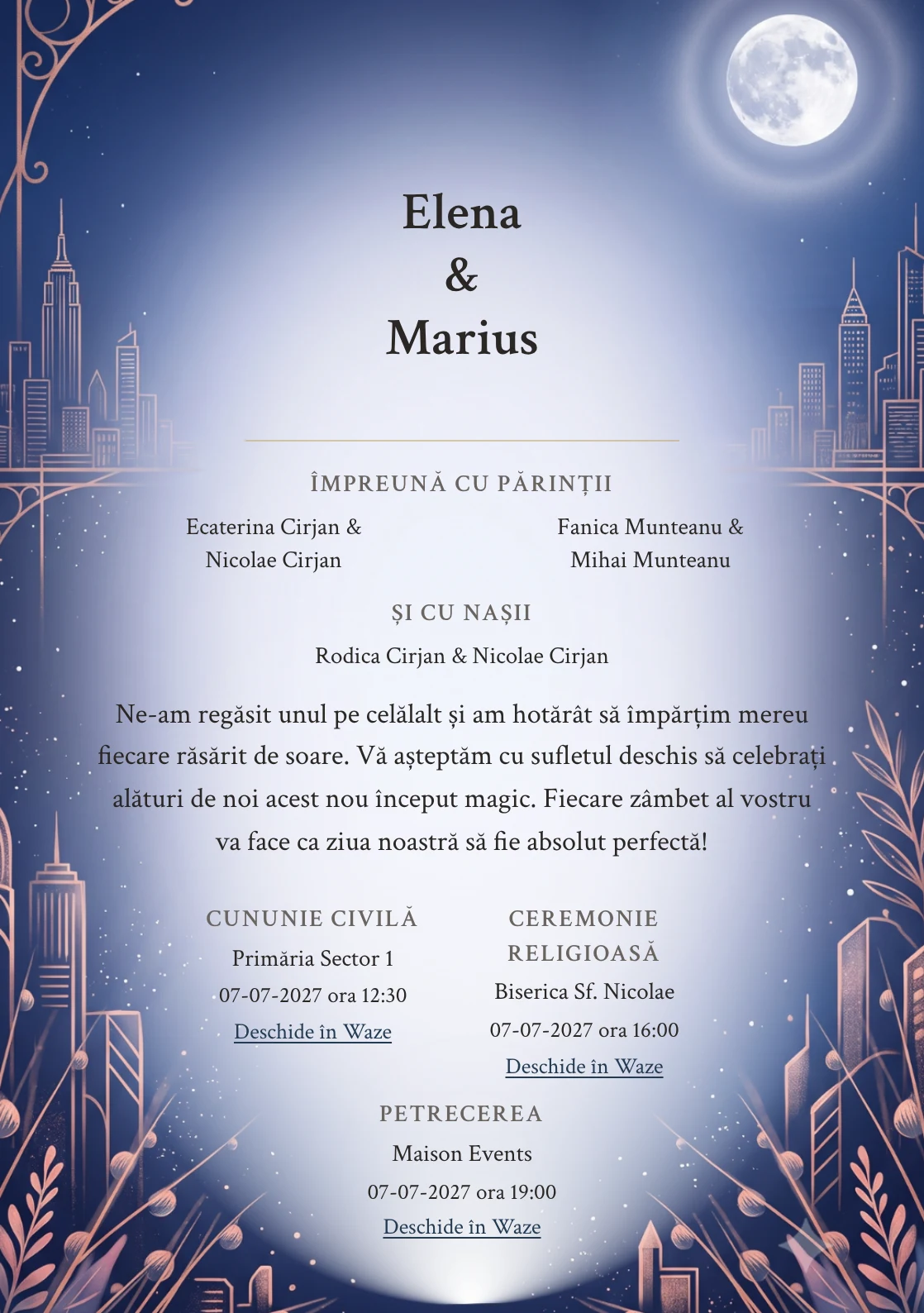 Ora Albastră, în colecția de invitații nuntă, are ca reper vizual gradient de blue hour cu halou lunar, în nuanțe de indigo ora albastră, roz amurg și alb lunar.