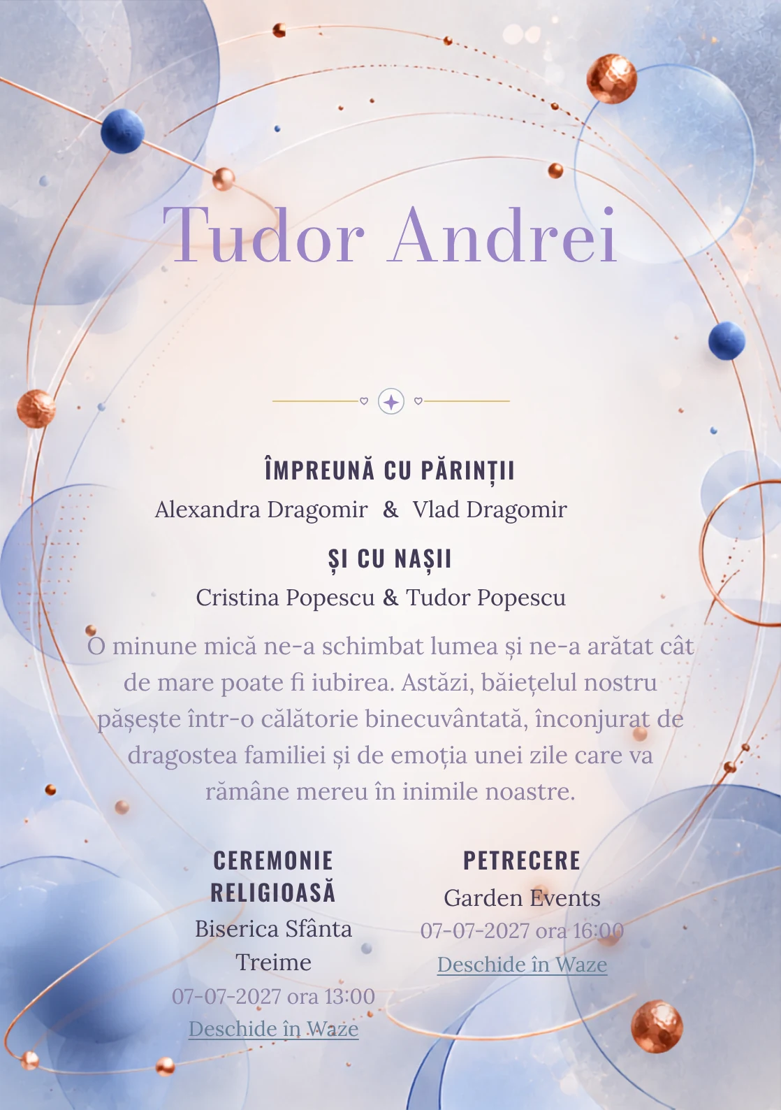 Orbite de Cupru, design din gama de invitații digitale botez, prezintă un sistem de orbite albastre cu puncte, alături de inele subțiri și discuri mate.