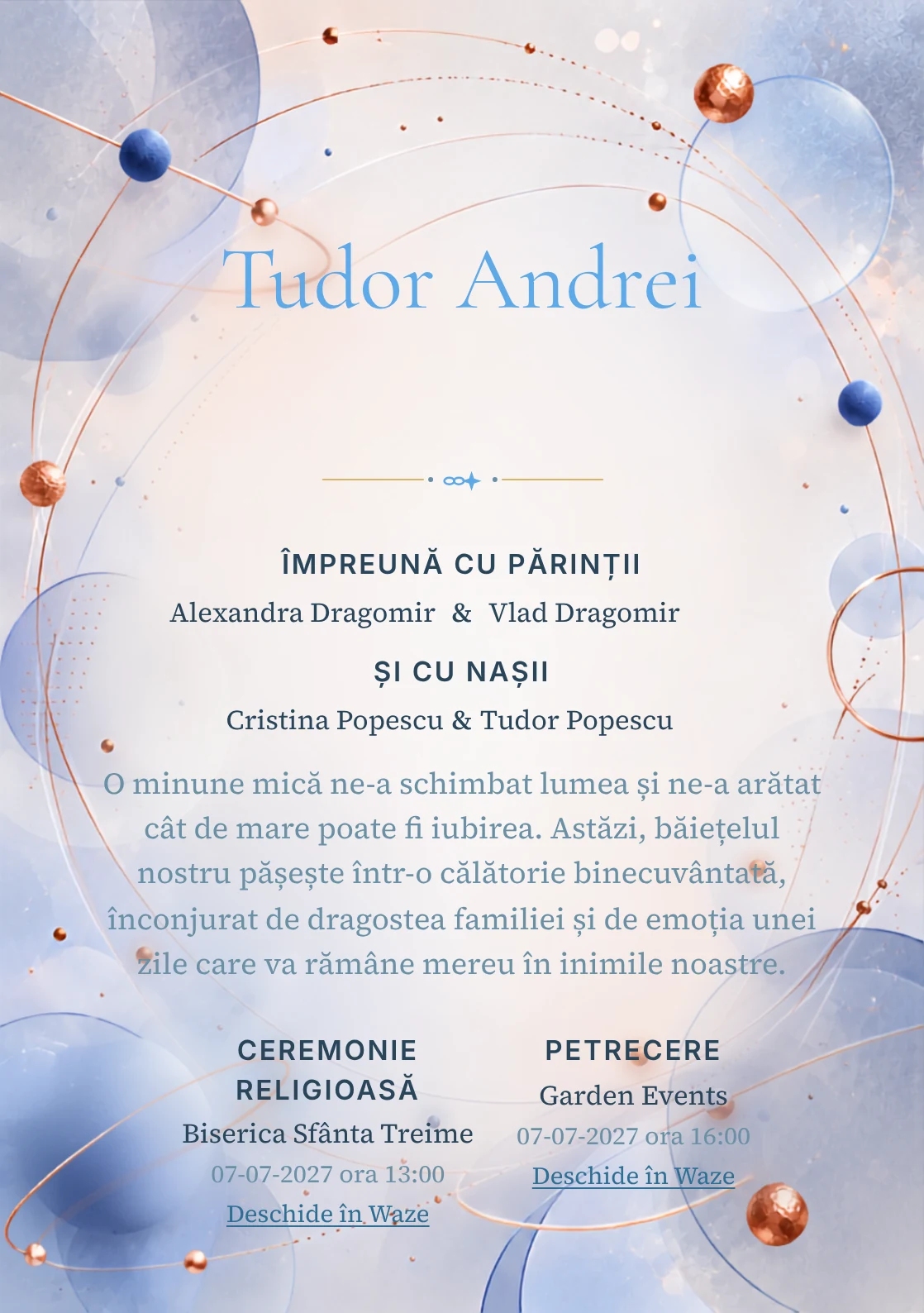 Orbite de Cupru, design din gama de invitații digitale botez, prezintă un sistem de orbite albastre cu puncte, alături de inele subțiri și discuri mate.