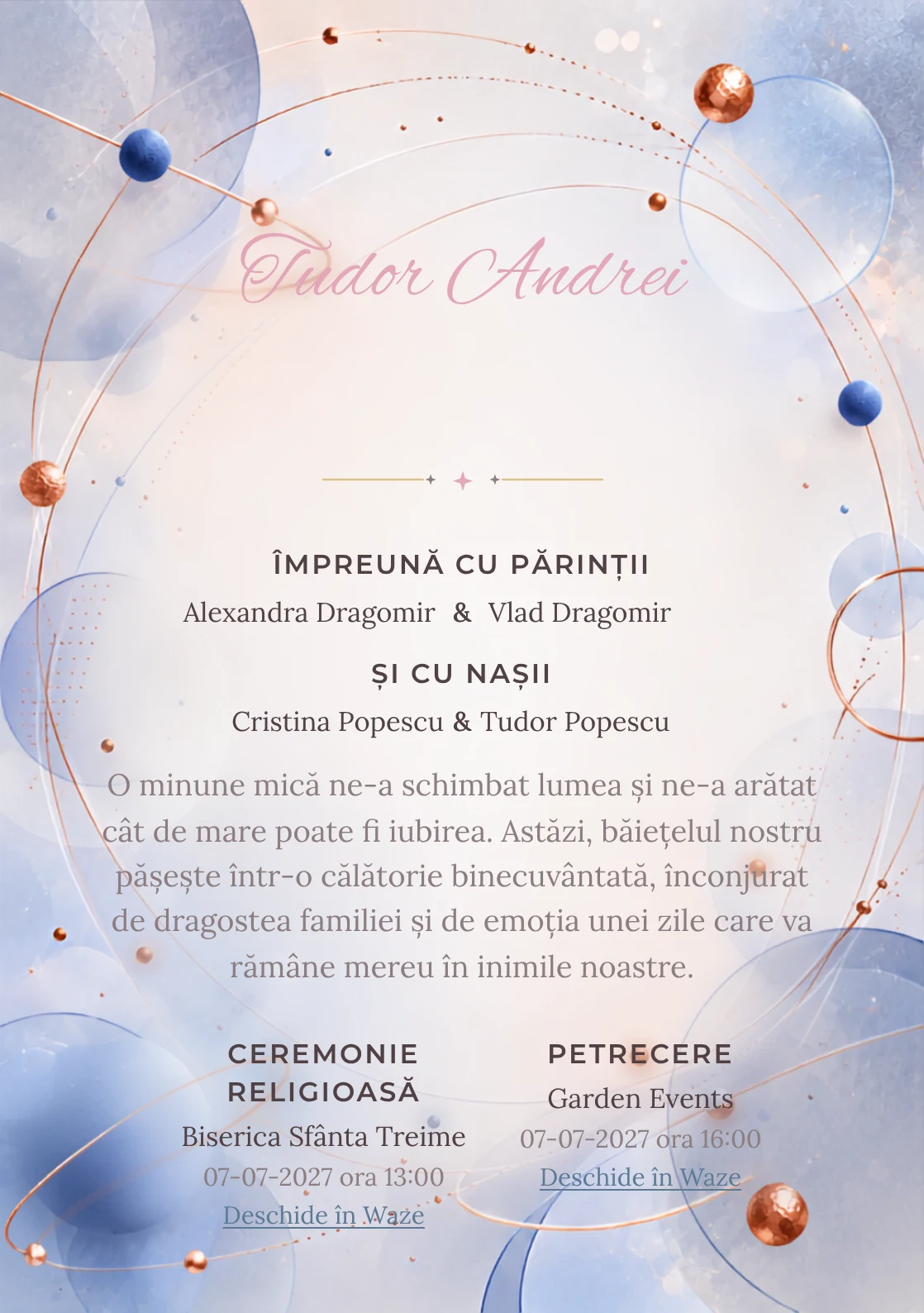 Orbite de Cupru, design din gama de invitații digitale botez, prezintă un sistem de orbite albastre cu puncte, alături de inele subțiri și discuri mate.