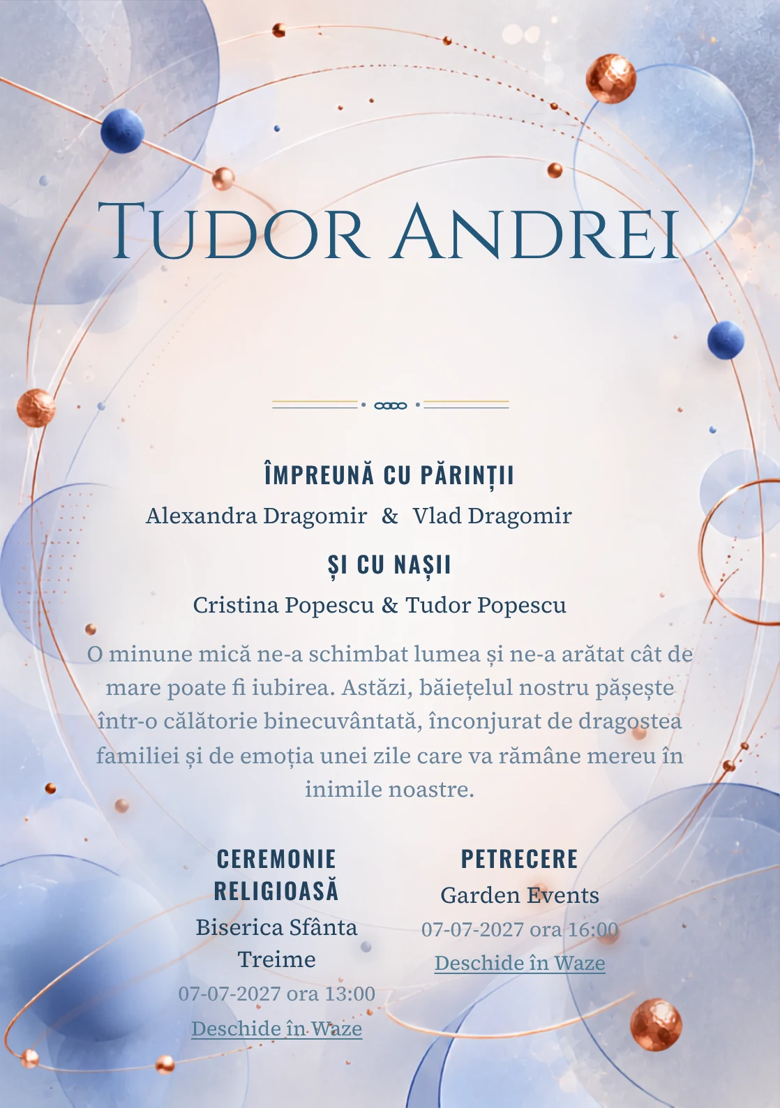 Orbite de Cupru, design din gama de invitații digitale botez, prezintă un sistem de orbite albastre cu puncte, alături de inele subțiri și discuri mate.