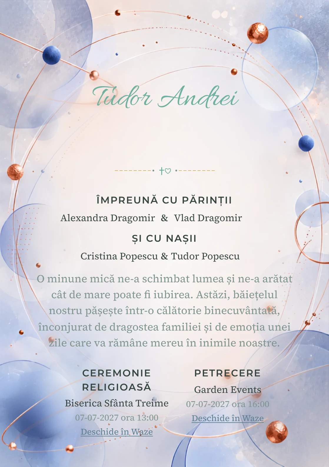Orbite de Cupru, design din gama de invitații digitale botez, prezintă un sistem de orbite albastre cu puncte, alături de inele subțiri și discuri mate.