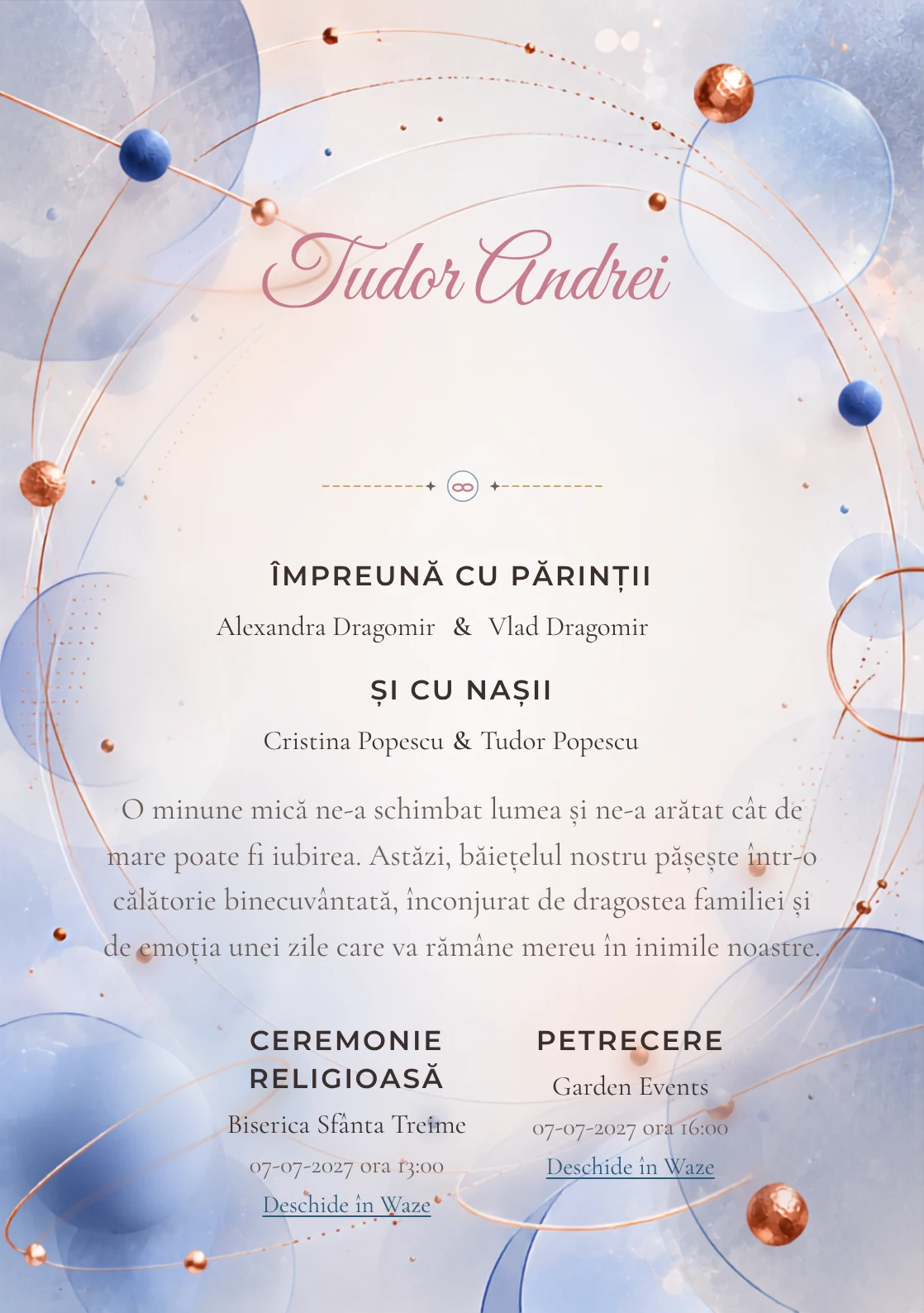 Orbite de Cupru, design din gama de invitații digitale botez, prezintă un sistem de orbite albastre cu puncte, alături de inele subțiri și discuri mate.