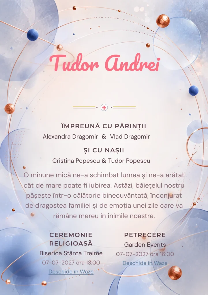 Orbite de Cupru, design din gama de invitații digitale botez, prezintă un sistem de orbite albastre cu puncte, alături de inele subțiri și discuri mate.