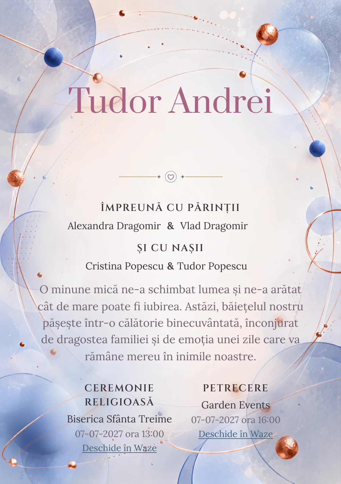 Orbite de Cupru, design din gama de invitații digitale botez, prezintă un sistem de orbite albastre cu puncte, alături de inele subțiri și discuri mate.