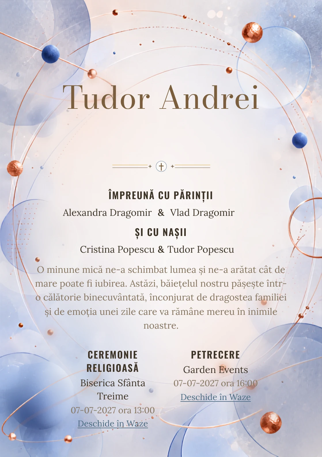 Orbite de Cupru, design din gama de invitații digitale botez, prezintă un sistem de orbite albastre cu puncte, alături de inele subțiri și discuri mate.
