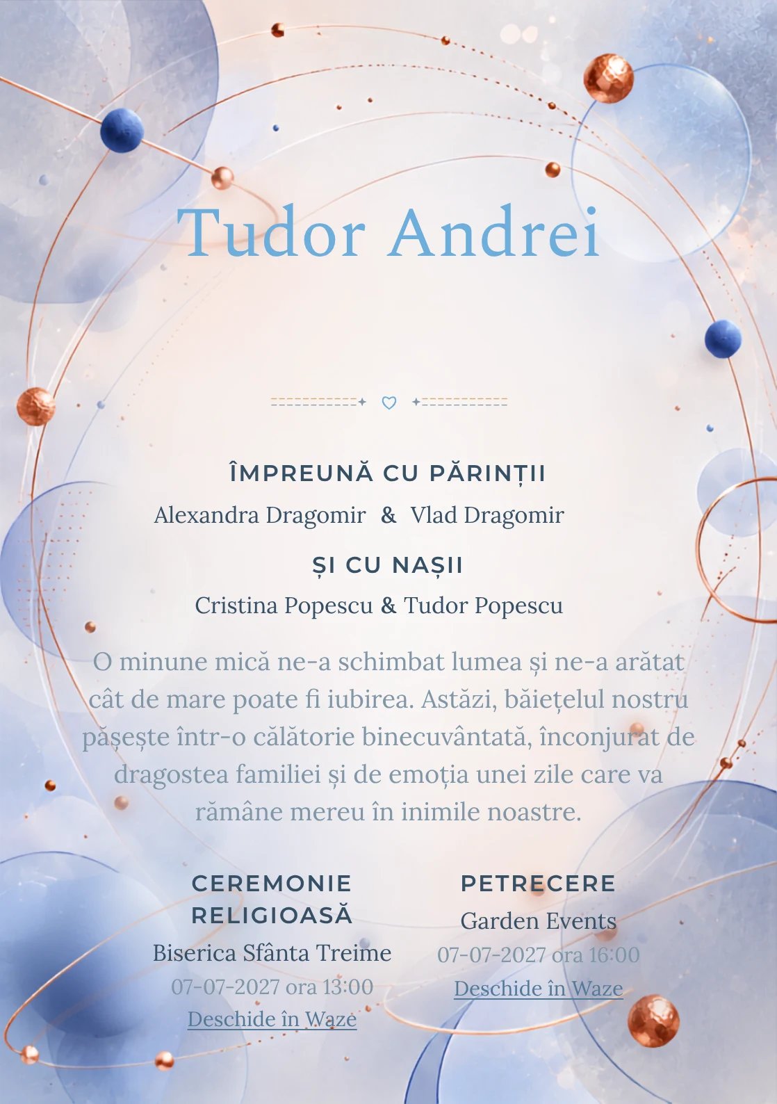 Orbite de Cupru, design din gama de invitații digitale botez, prezintă un sistem de orbite albastre cu puncte, alături de inele subțiri și discuri mate.