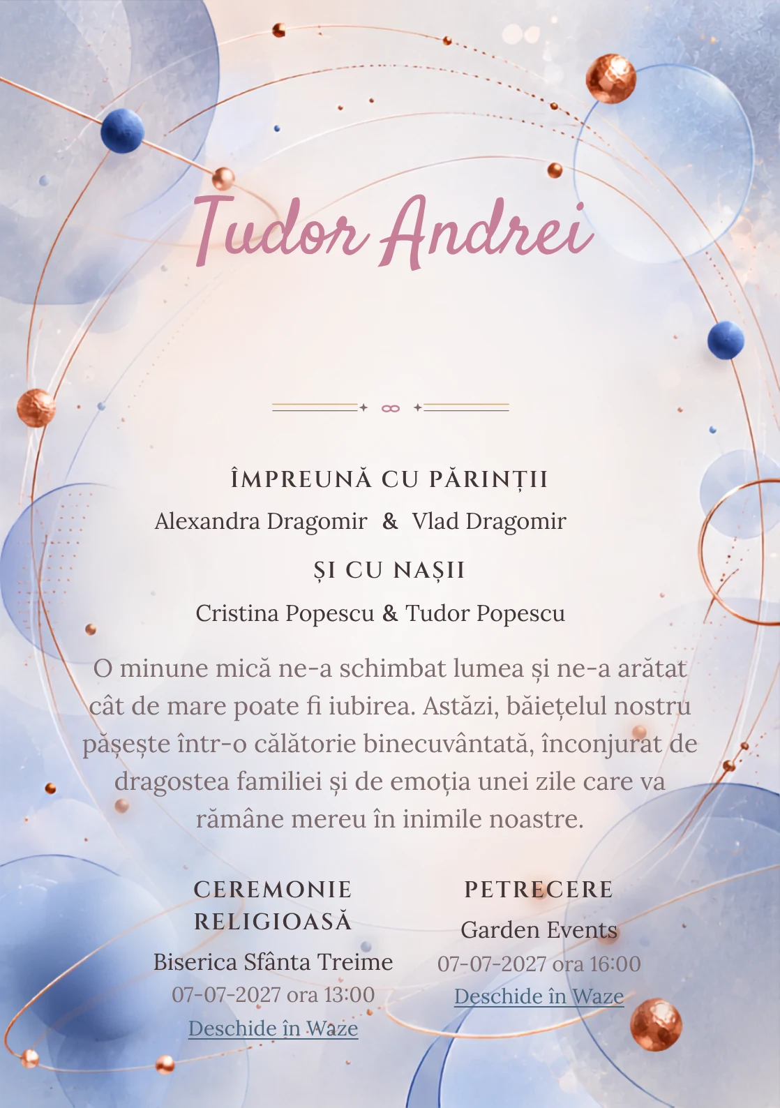 Orbite de Cupru, design din gama de invitații digitale botez, prezintă un sistem de orbite albastre cu puncte, alături de inele subțiri și discuri mate.