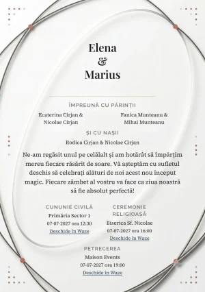 Orbite Tăcute, în colecția de invitații nuntă, are ca reper vizual două linii orbitale de mari dimensiuni, în nuanțe de alb cretă, negru grafit moale și bej piatră.