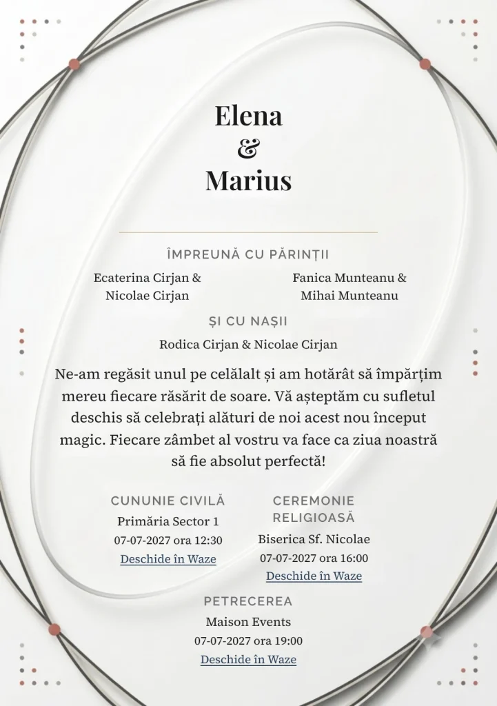 Orbite Tăcute, în colecția de invitații nuntă, are ca reper vizual două linii orbitale de mari dimensiuni, în nuanțe de alb cretă, negru grafit moale și bej piatră.