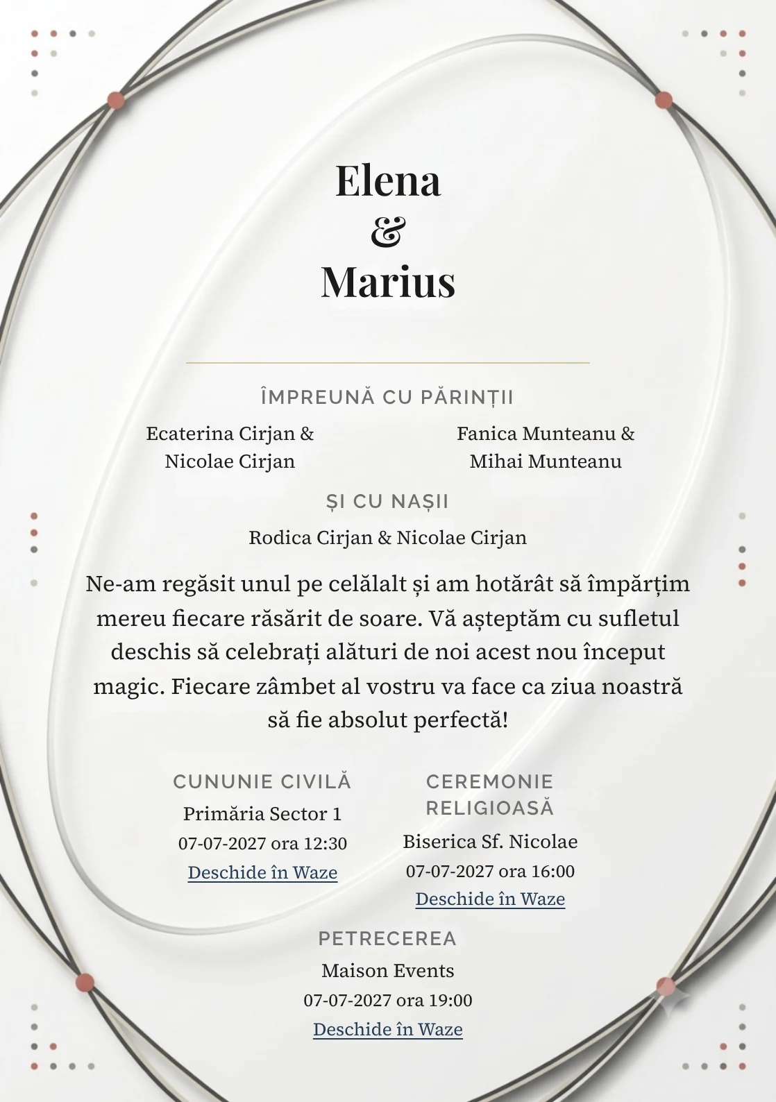 Orbite Tăcute, în colecția de invitații nuntă, are ca reper vizual două linii orbitale de mari dimensiuni, în nuanțe de alb cretă, negru grafit moale și bej piatră.