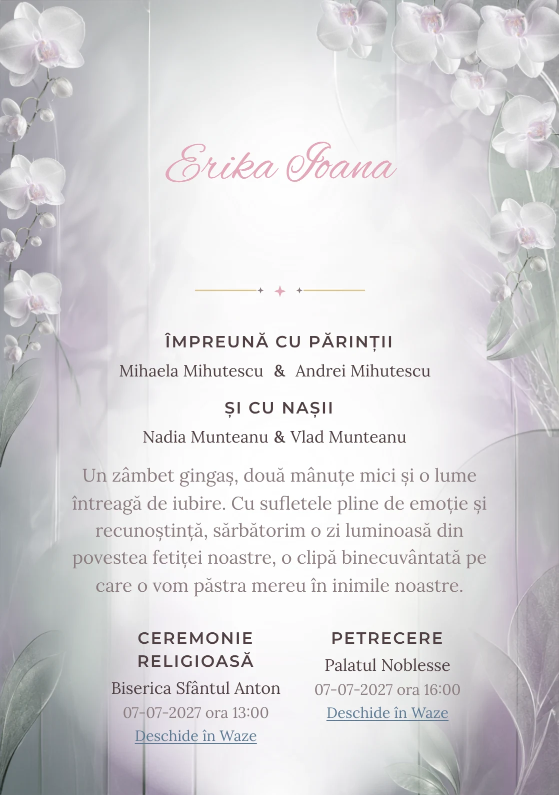 Orhidee Mată, din gama de invitații botez, evidențiază o orhidee mare construită din sticlă mată, alături de frunze translucide, umbre reci și panouri fine.