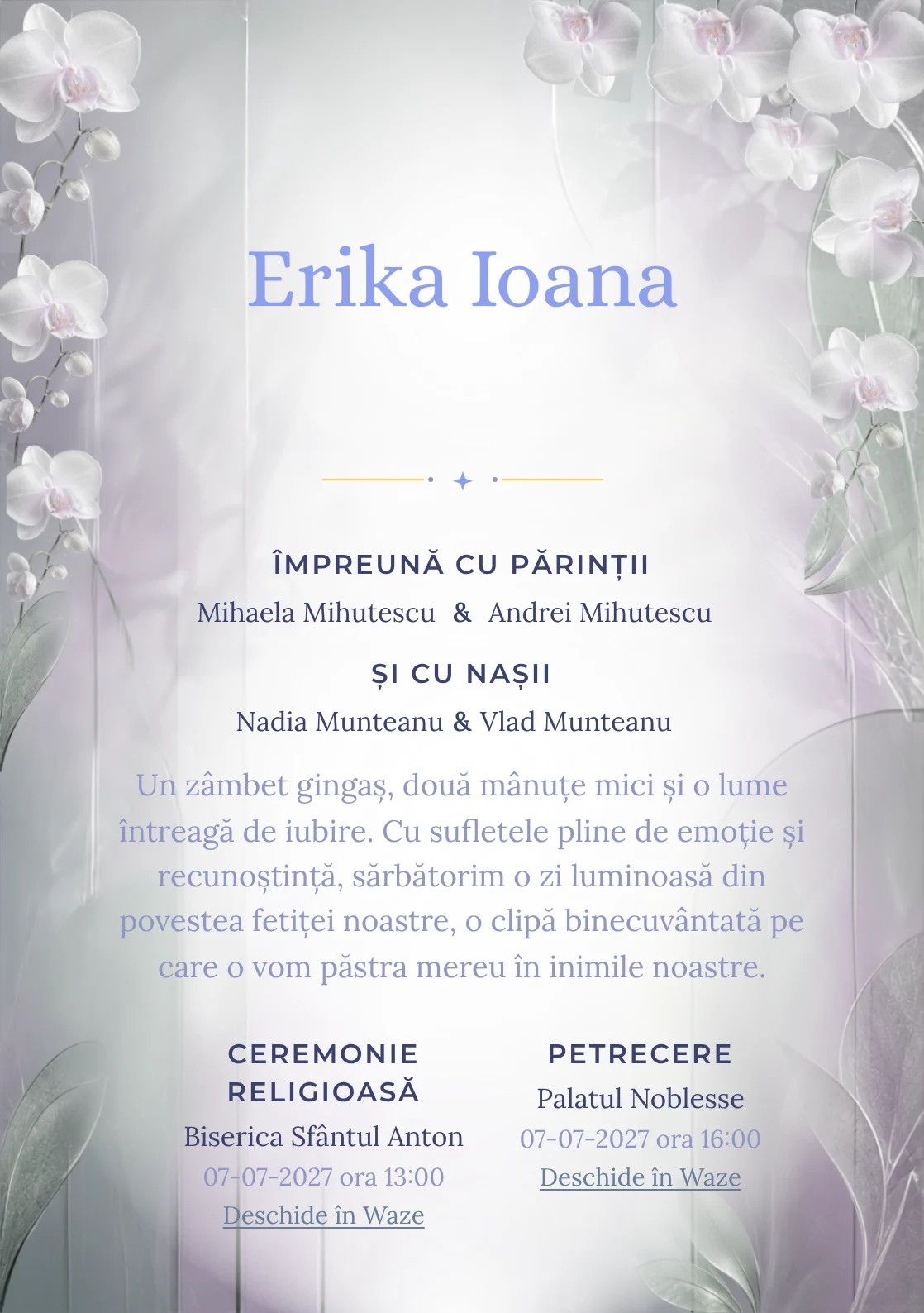 Orhidee Mată, din gama de invitații botez, evidențiază o orhidee mare construită din sticlă mată, alături de frunze translucide, umbre reci și panouri fine.