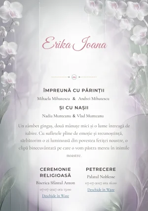 Orhidee Mată, din gama de invitații botez, evidențiază o orhidee mare construită din sticlă mată, alături de frunze translucide, umbre reci și panouri fine.
