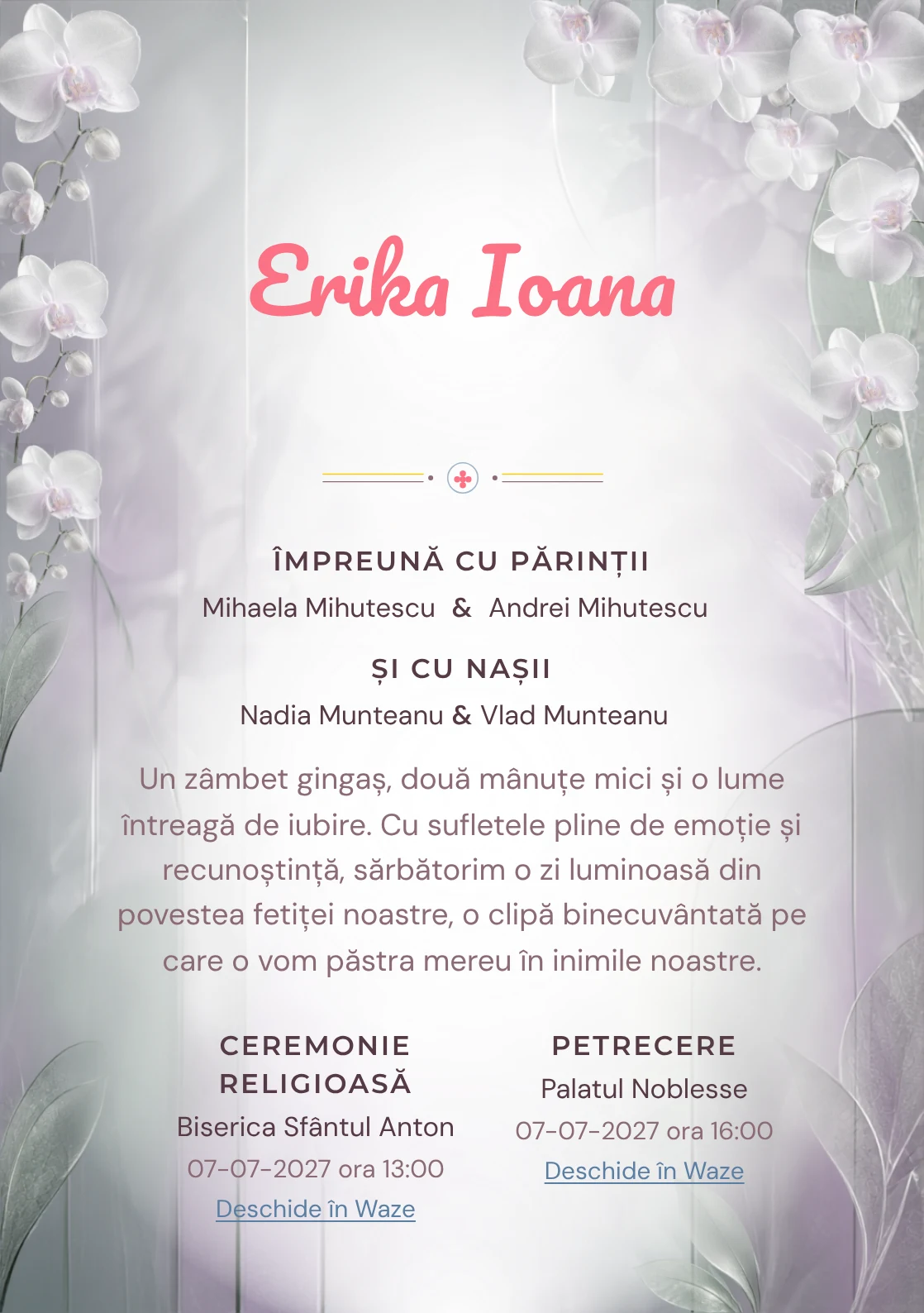 Orhidee Mată, din gama de invitații botez, evidențiază o orhidee mare construită din sticlă mată, alături de frunze translucide, umbre reci și panouri fine.