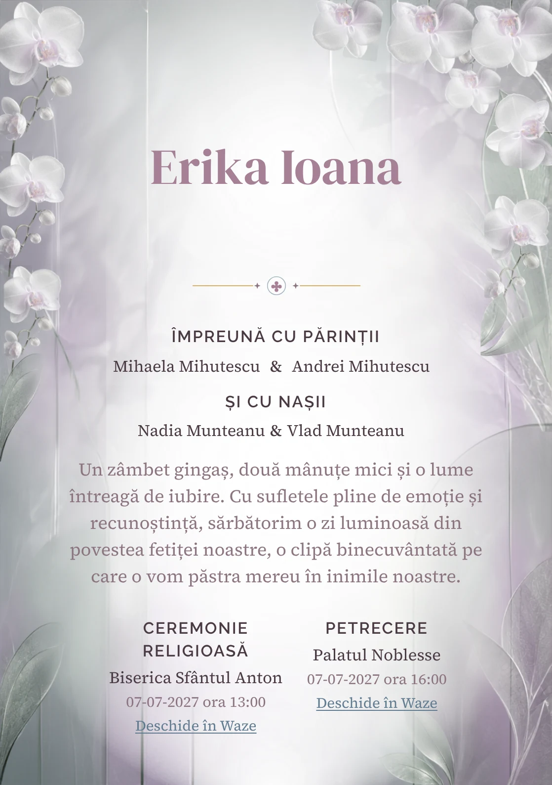 Orhidee Mată, din gama de invitații botez, evidențiază o orhidee mare construită din sticlă mată, alături de frunze translucide, umbre reci și panouri fine.