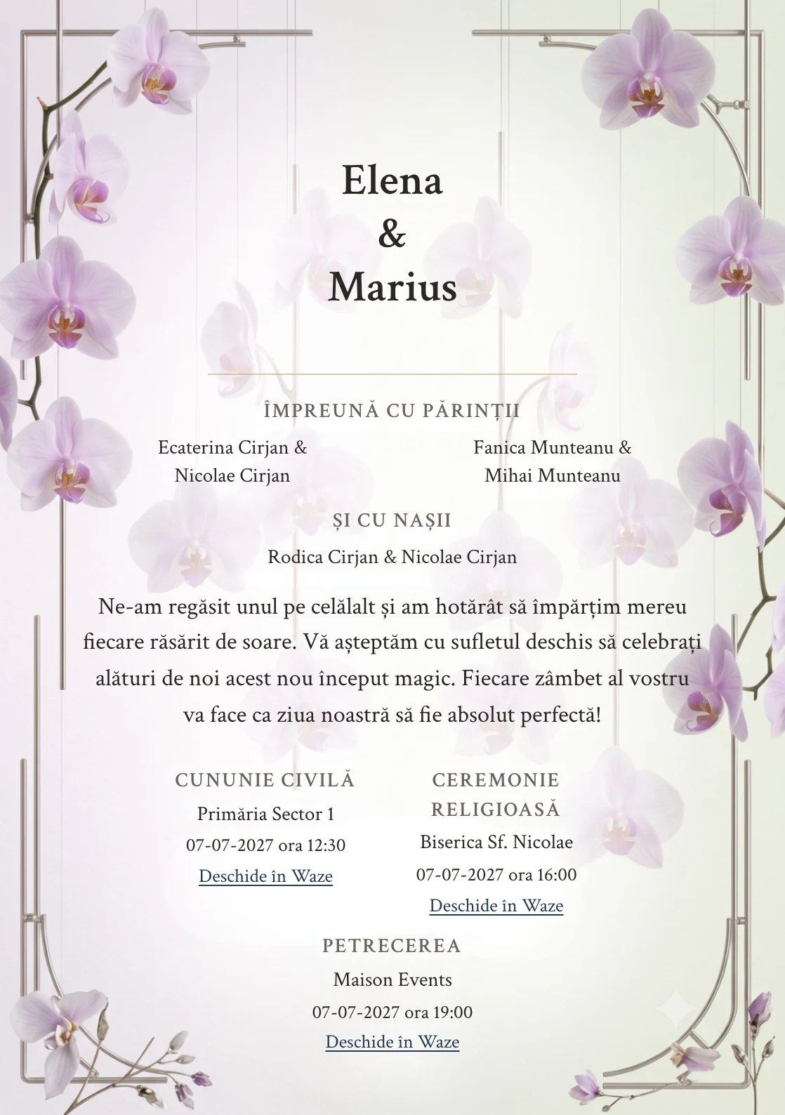 Imaginea Orhidee Suspendată, pentru invitații de nuntă, este definită de orhidee rare suspendate vertical și tonuri de alb orhidee rece, verde bambus pal și lila fum.