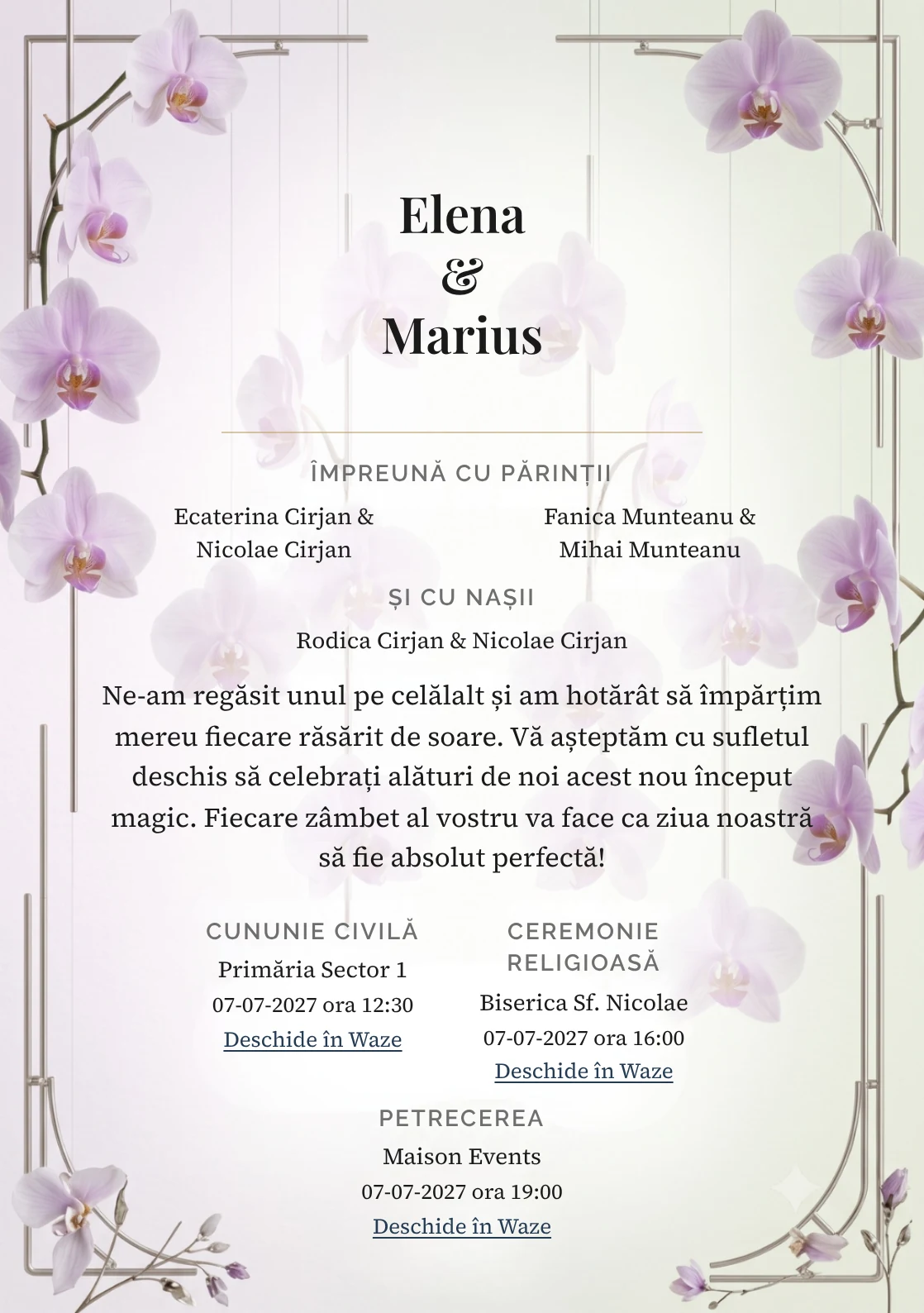 Imaginea Orhidee Suspendată, pentru invitații de nuntă, este definită de orhidee rare suspendate vertical și tonuri de alb orhidee rece, verde bambus pal și lila fum.