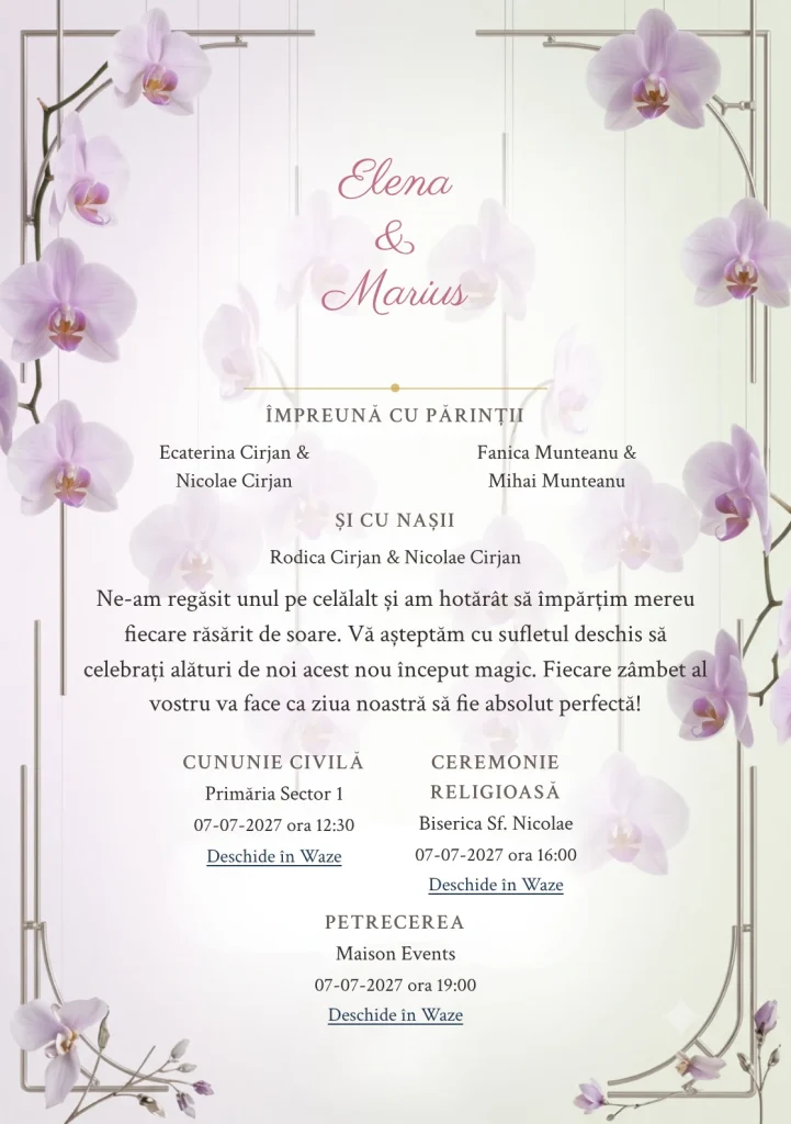 Imaginea Orhidee Suspendată, pentru invitații de nuntă, este definită de orhidee rare suspendate vertical și tonuri de alb orhidee rece, verde bambus pal și lila fum.