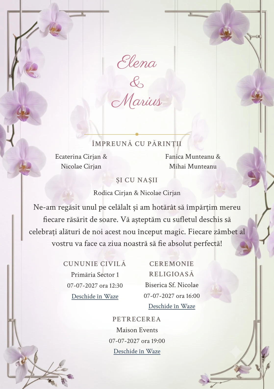 Imaginea Orhidee Suspendată, pentru invitații de nuntă, este definită de orhidee rare suspendate vertical și tonuri de alb orhidee rece, verde bambus pal și lila fum.