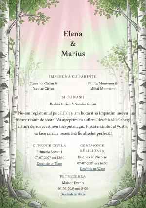 Imaginea Pădure Albă, pentru invitații de nuntă, este definită de trunchiuri de mesteacăn pe margini și tonuri de alb mesteacăn, verde frunză nouă și gri scoarță.