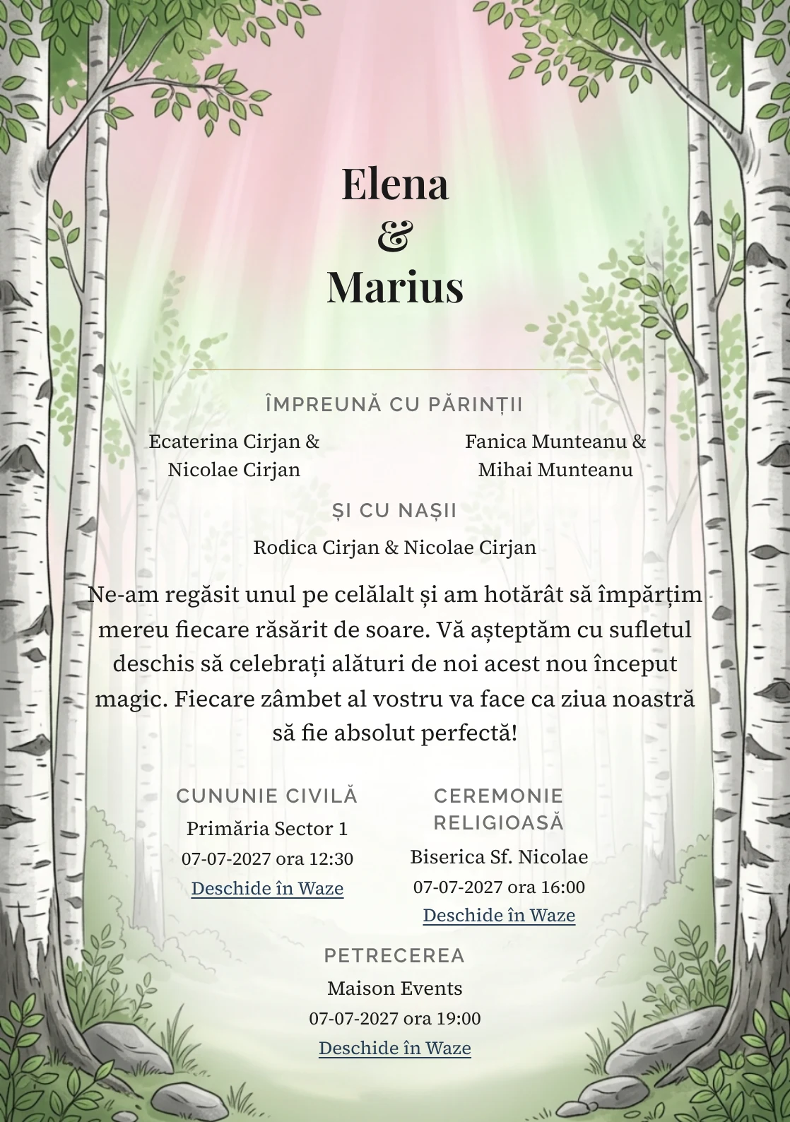 Imaginea Pădure Albă, pentru invitații de nuntă, este definită de trunchiuri de mesteacăn pe margini și tonuri de alb mesteacăn, verde frunză nouă și gri scoarță.