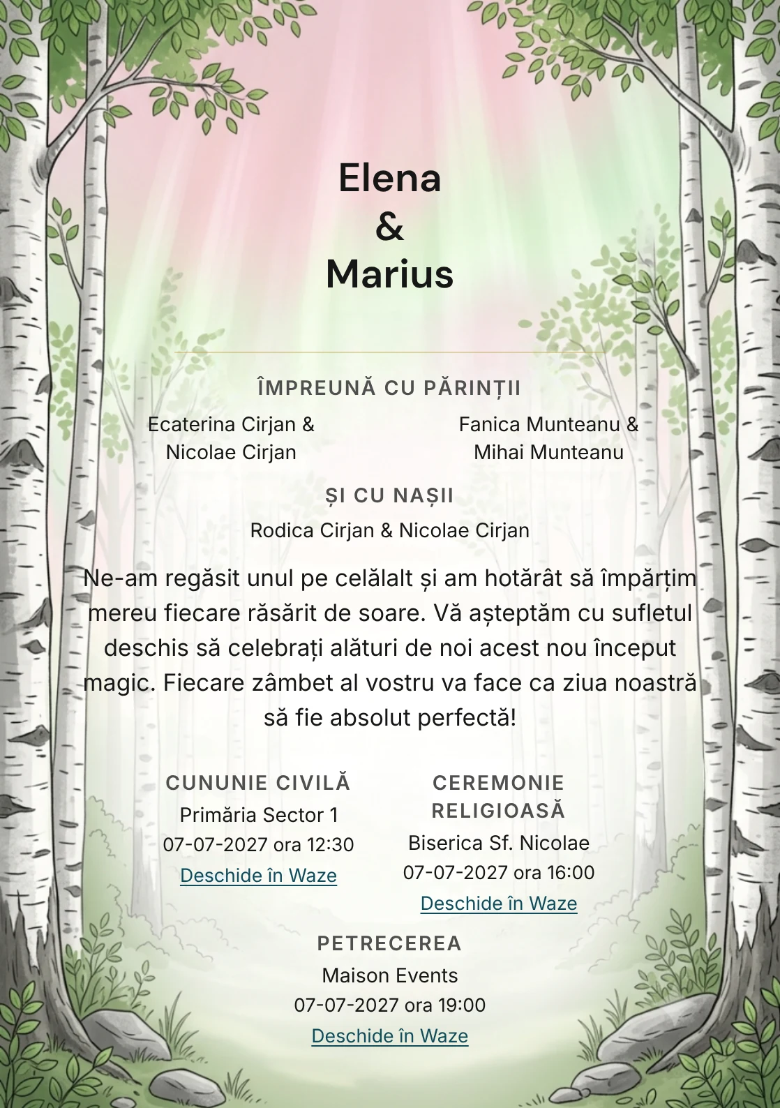 Imaginea Pădure Albă, pentru invitații de nuntă, este definită de trunchiuri de mesteacăn pe margini și tonuri de alb mesteacăn, verde frunză nouă și gri scoarță.