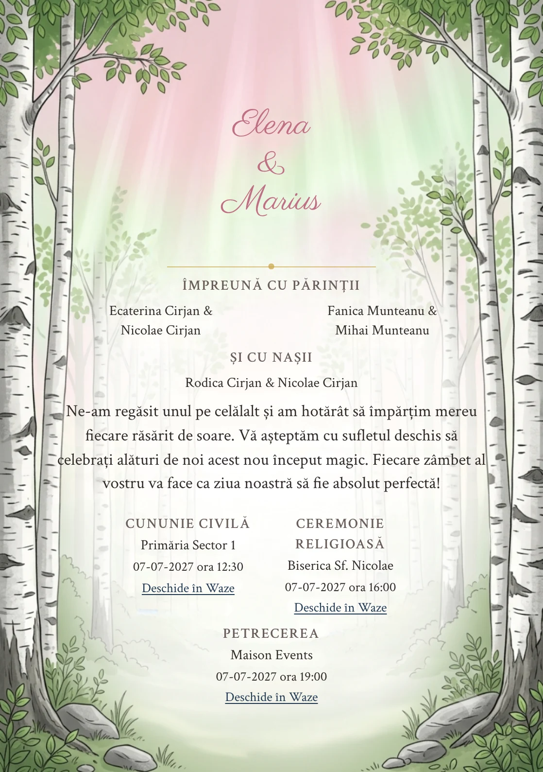 Imaginea Pădure Albă, pentru invitații de nuntă, este definită de trunchiuri de mesteacăn pe margini și tonuri de alb mesteacăn, verde frunză nouă și gri scoarță.