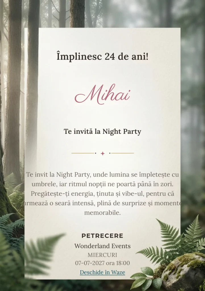 Pentru aniversările adulților, Pădure în Ceață propune invitații online cu trunchiuri verticale și ferigi și nuanțe de verde pin estompat și gri ceață.
