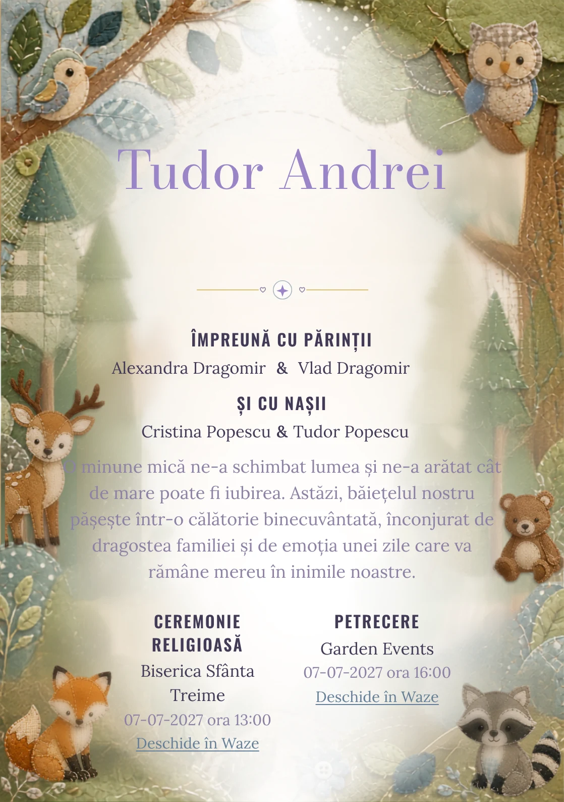 Imaginea Pădure Patchwork, din gama de invitații botez, pune în valoare animale woodland construite din petice textile, cu cusături, frunze și forme de pâslă.