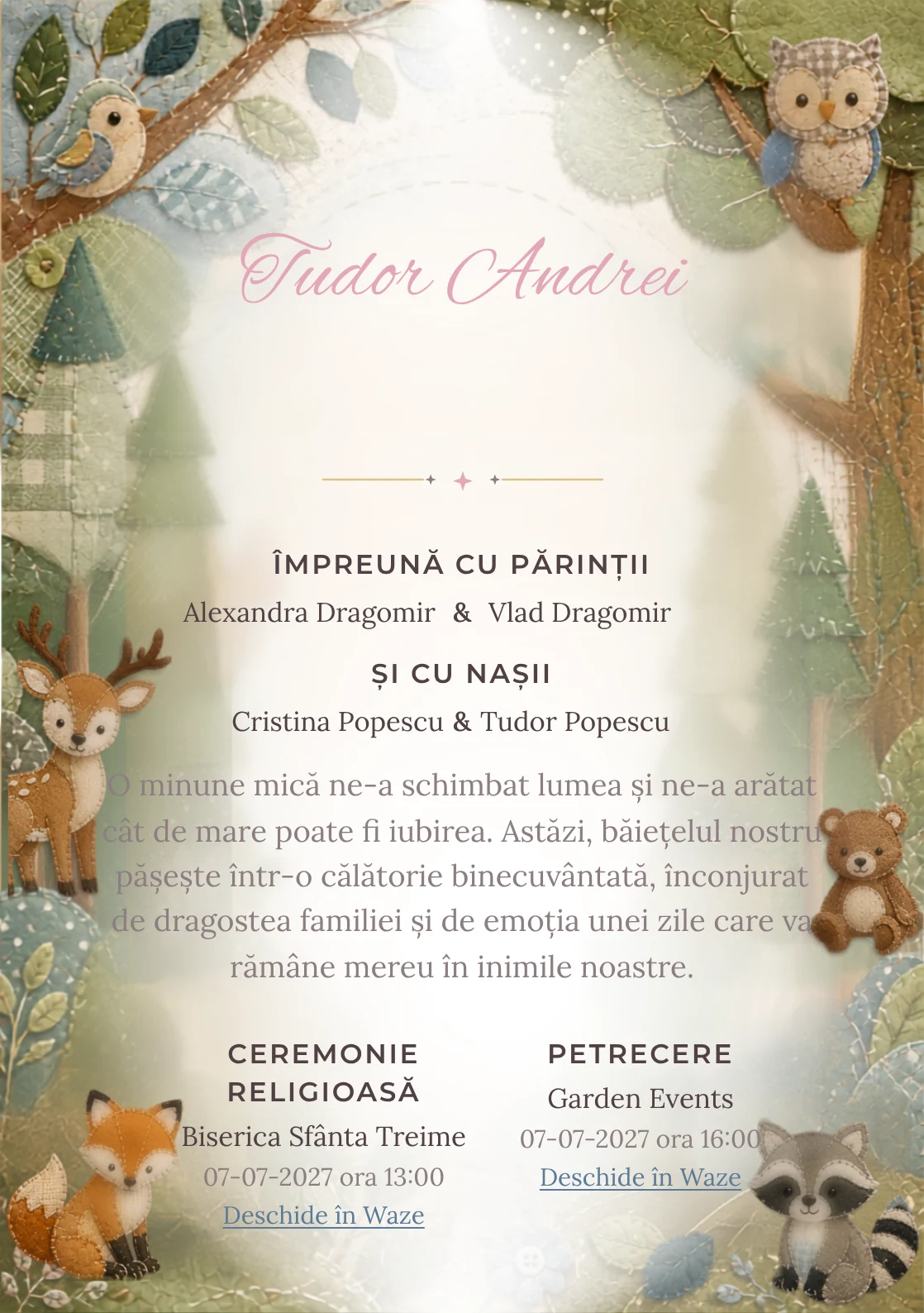 Imaginea Pădure Patchwork, din gama de invitații botez, pune în valoare animale woodland construite din petice textile, cu cusături, frunze și forme de pâslă.