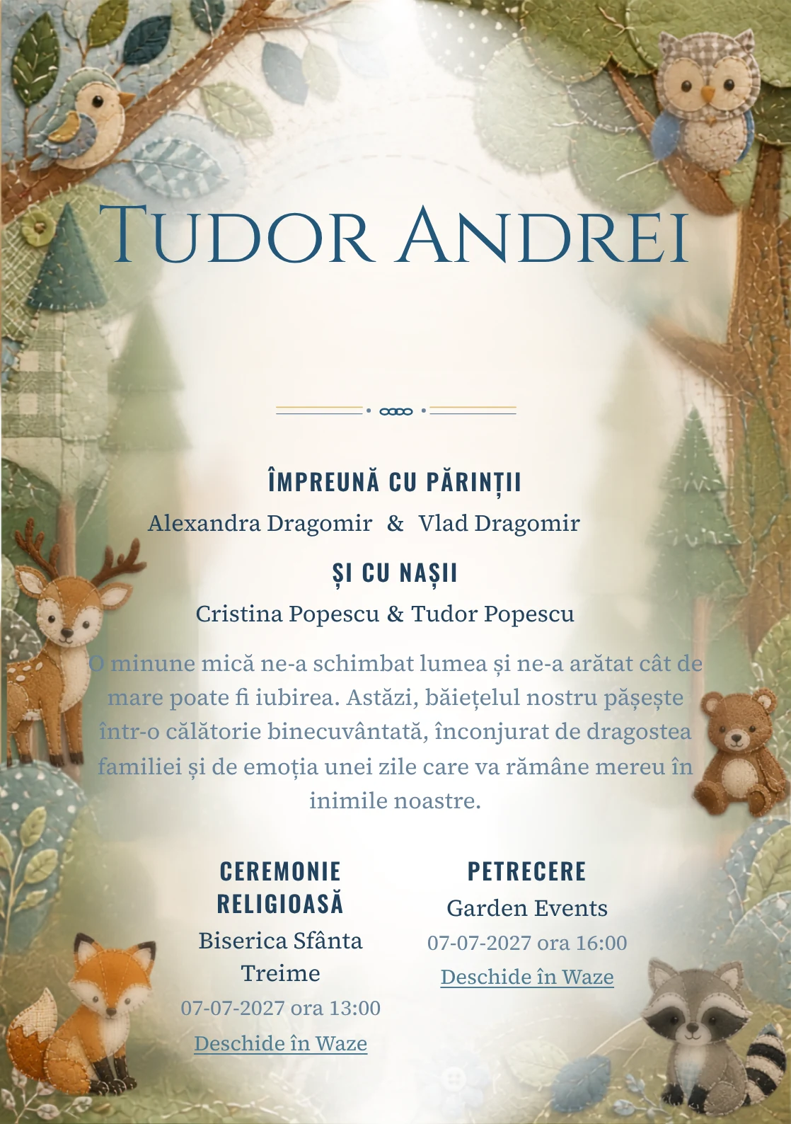 Imaginea Pădure Patchwork, din gama de invitații botez, pune în valoare animale woodland construite din petice textile, cu cusături, frunze și forme de pâslă.