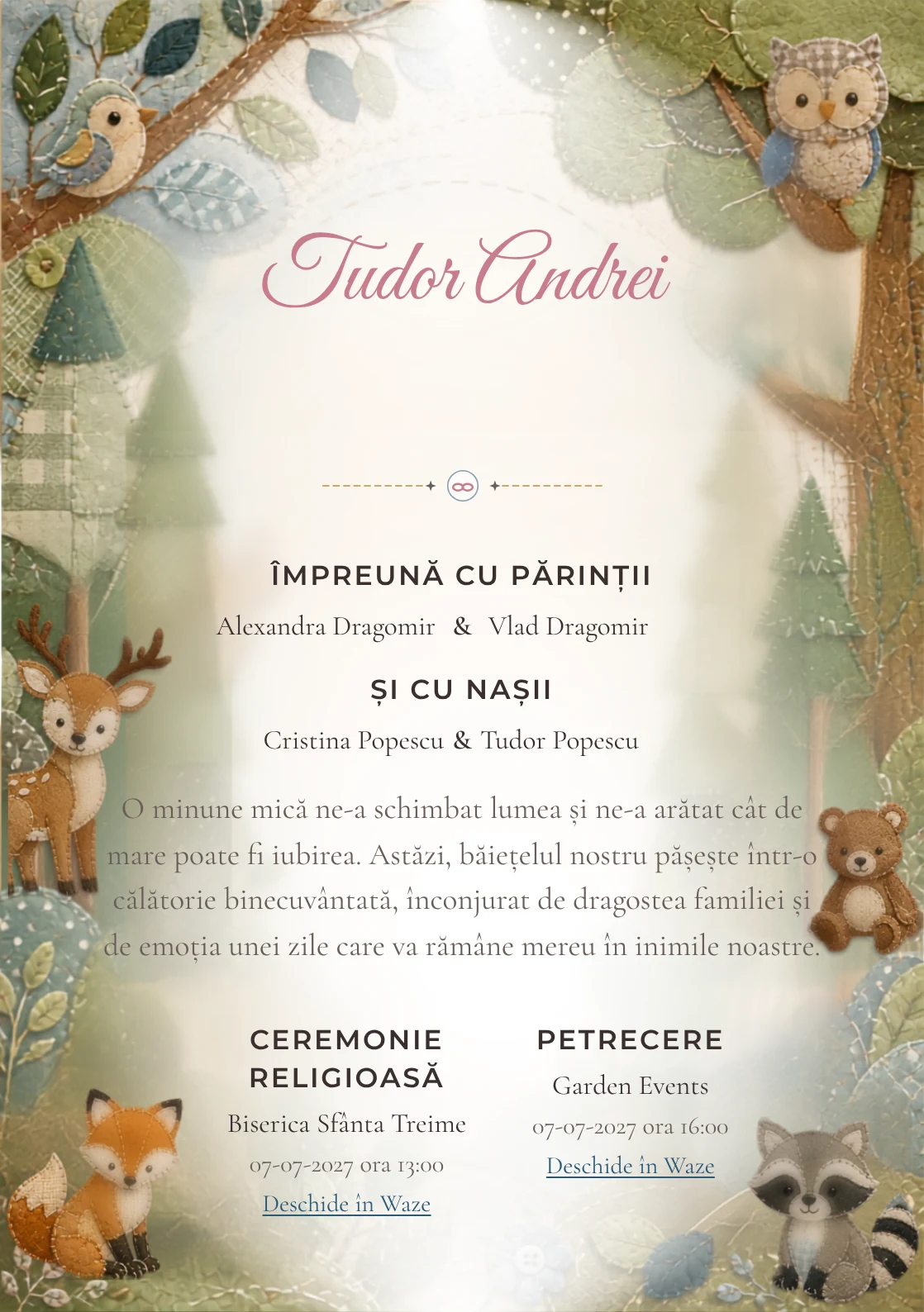 Imaginea Pădure Patchwork, din gama de invitații botez, pune în valoare animale woodland construite din petice textile, cu cusături, frunze și forme de pâslă.