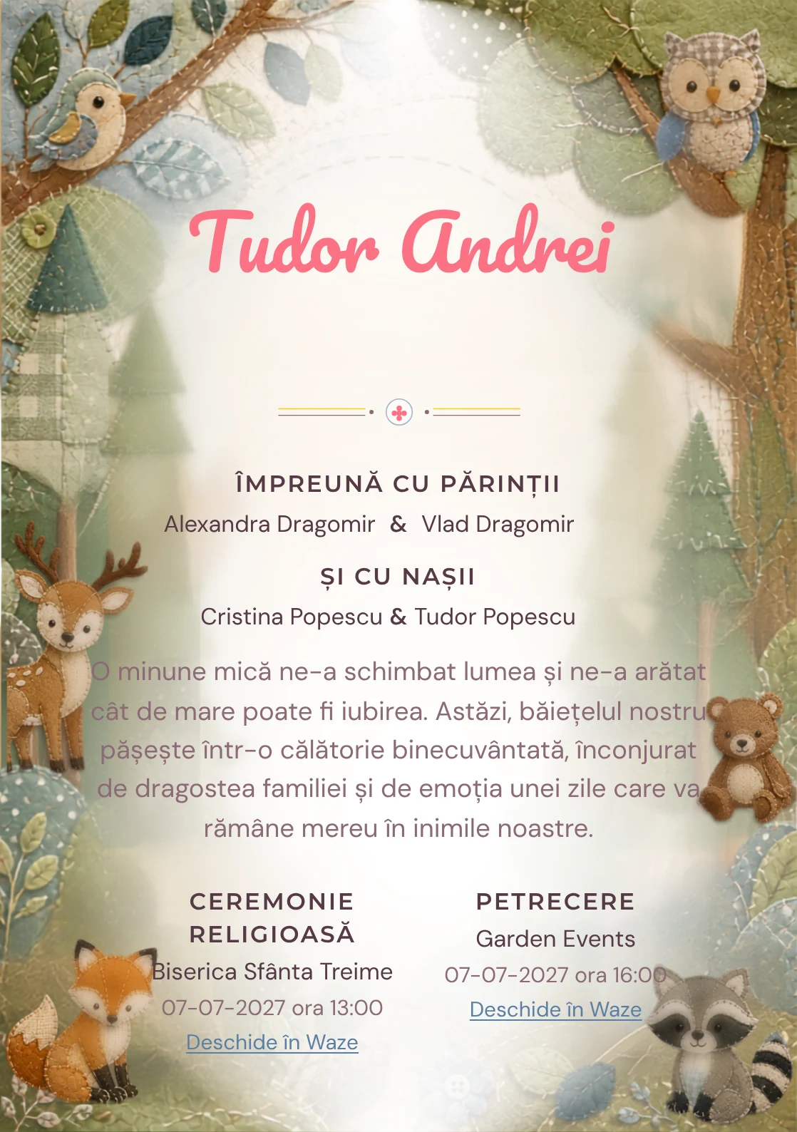 Imaginea Pădure Patchwork, din gama de invitații botez, pune în valoare animale woodland construite din petice textile, cu cusături, frunze și forme de pâslă.