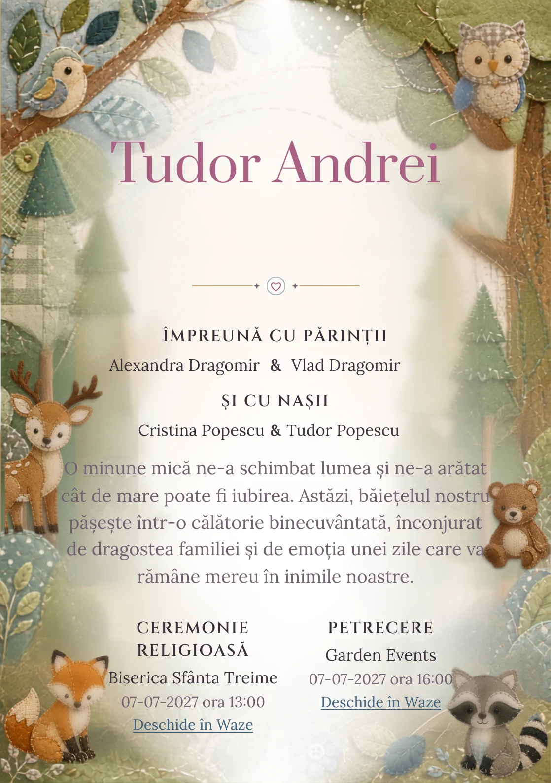 Imaginea Pădure Patchwork, din gama de invitații botez, pune în valoare animale woodland construite din petice textile, cu cusături, frunze și forme de pâslă.