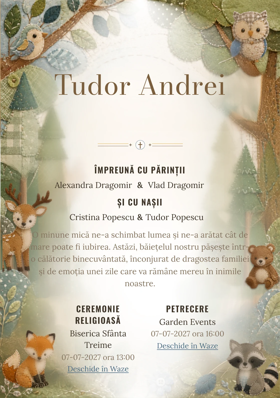 Imaginea Pădure Patchwork, din gama de invitații botez, pune în valoare animale woodland construite din petice textile, cu cusături, frunze și forme de pâslă.