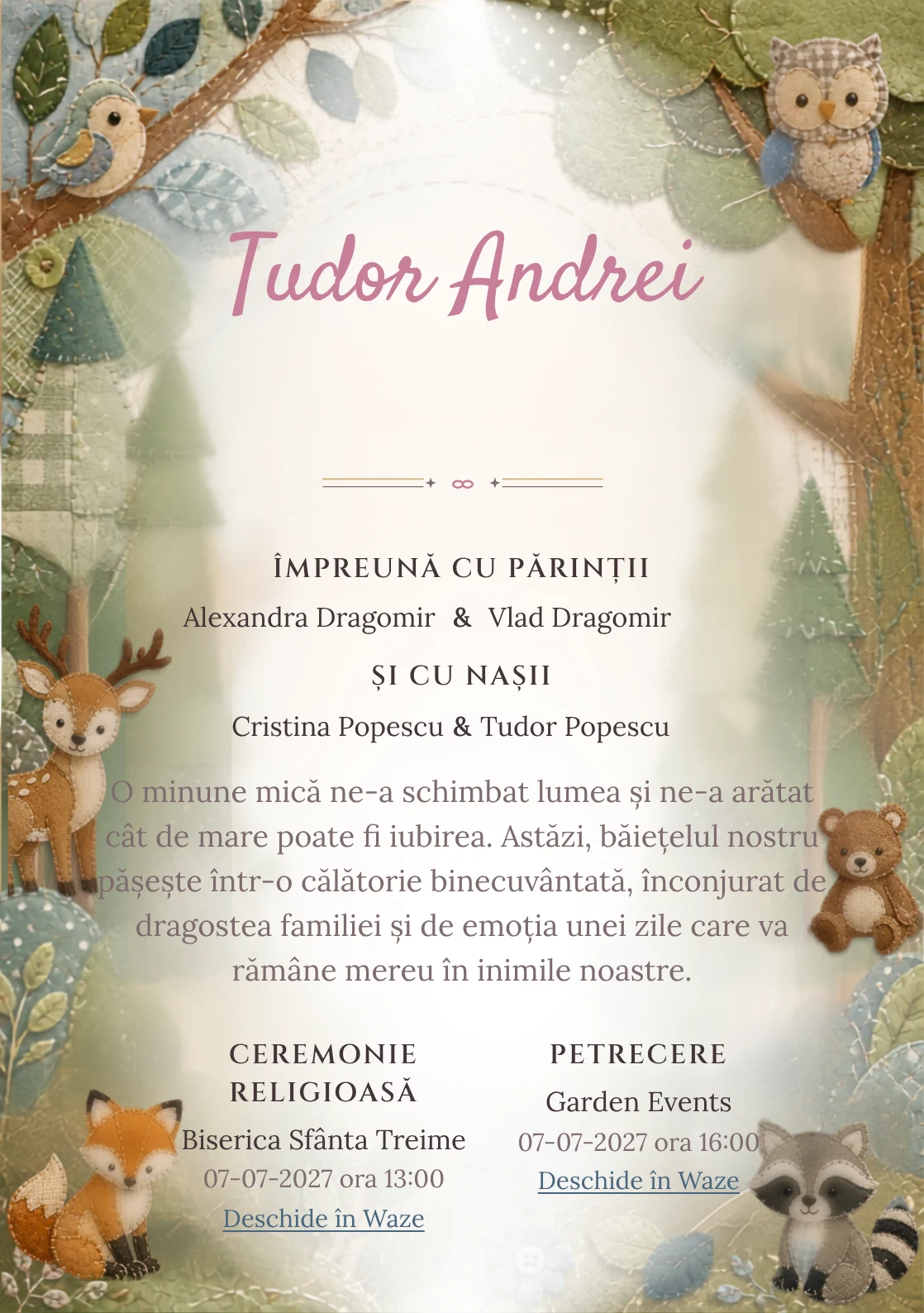 Imaginea Pădure Patchwork, din gama de invitații botez, pune în valoare animale woodland construite din petice textile, cu cusături, frunze și forme de pâslă.