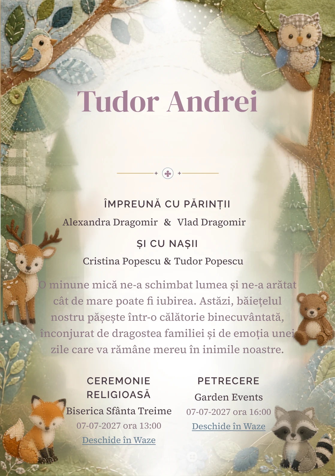 Imaginea Pădure Patchwork, din gama de invitații botez, pune în valoare animale woodland construite din petice textile, cu cusături, frunze și forme de pâslă.