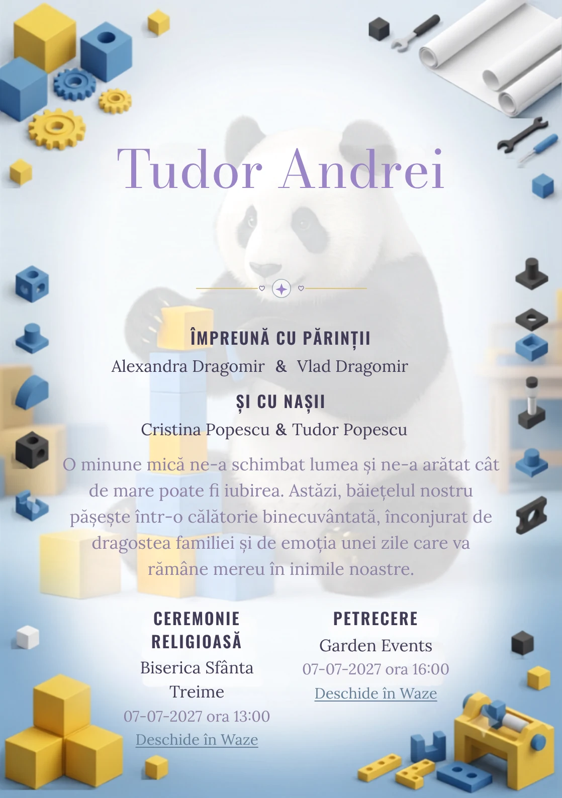 Panda Constructor, design pentru o invitație de botez, prezintă un panda construind un turn din cuburi, alături de piese, planșe fără text și forme.